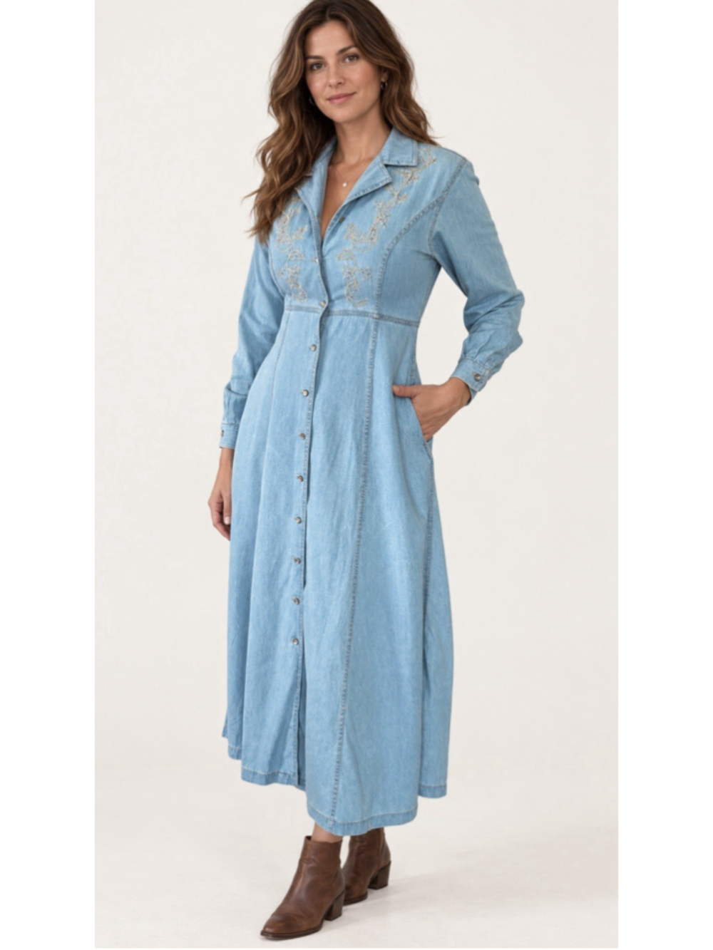 Vintage Lizwear Liz Claiborne Denim Maxi Dress Size 4 Embroidered Western 90s